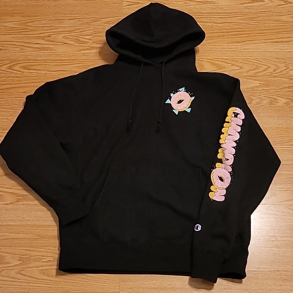 Champion Men’s Black Fresh Donuts Pullover Hoodie Reverse Weave Size Large - Picture 2 of 3